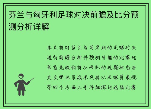 芬兰与匈牙利足球对决前瞻及比分预测分析详解